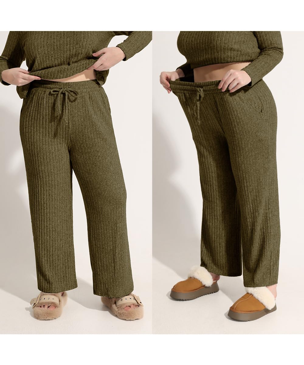 CARCOS Plus Size Pants for Women 2X Green Ribbed Knit Palazzo Pants Elastic High Waisted Sweatpants Wide Leg Lounge Pants Casual Loose Drawstring Trousers with Pockets 2XL 18W 20W