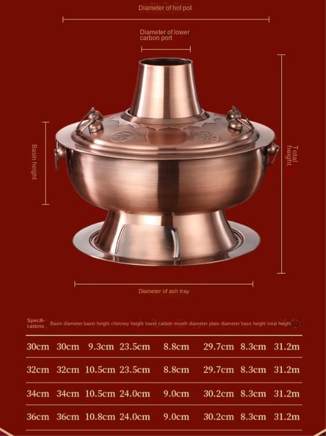 Copper hot Pot， Traditional Chinese Hot Pot Vintage Shabu Pot Stainless Steel Hotpot Cooker Chinese Hot Pot,A-34cm(36cm)