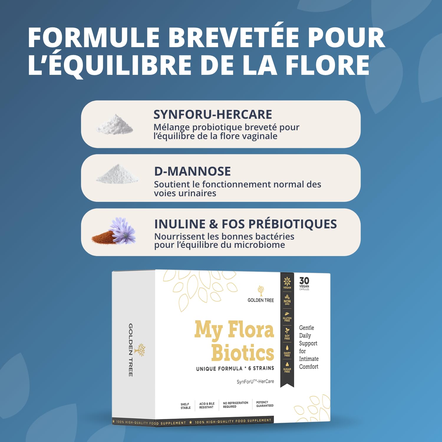Golden Tree My Flora Biotics – Probiotiques pour Femme, 30 Gélules | Avec 6 Souches de Lactobacillus, D-Mannose et Inuline, 12 Milliards d’UFC par Gélule