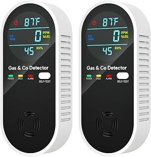 Carbon Monoxide Detectors & Natural Gas Detector, 4-in-1 Carbon Monoxide Detectors Plug in, Gas Leak Detector with Dual Alarms, Temperature & Humidity Sensor for Home, RV Essentials, Black, 2 Packs
