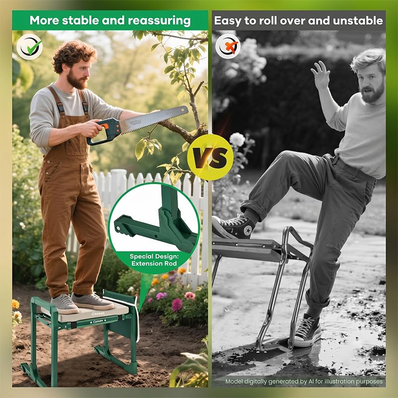 Image of Saker Garden Kneeler and Seat Foldable Gardening Stool with Extendable Legs & Thickened Pad, Tool, Heavy Duty 400lbs Support for Elderly, Gardening, Outdoor Use
