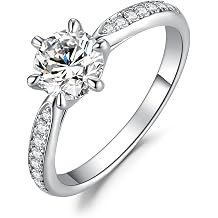 JewelryPalace Classic 6.5mm 1ct Moissanite Solitaire Engagement Rings for Women, 14K White Gold Plated Promise Ring for Her, Round Cut Simulated Diamond Anniversary Wedding Rings D-E Size 6