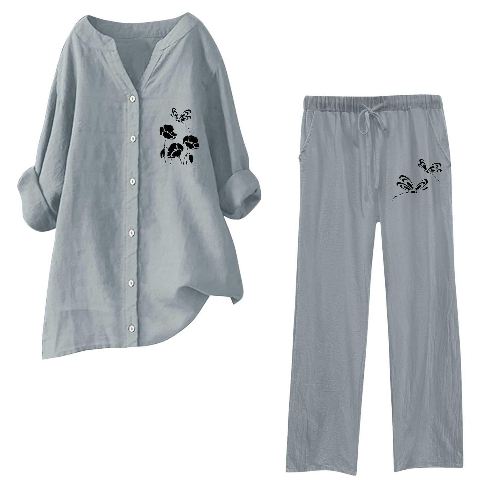 Hosenanzug Damen Hochzeit 2-teiliges Damen-Outfit, weites Bein, Bluse, Taschen, elastische Hose, lässiges V-Ausschnitt-Hemd, Hose, modische Streetwear Damen Zweiteiler Set Elegant Modisch Lässig