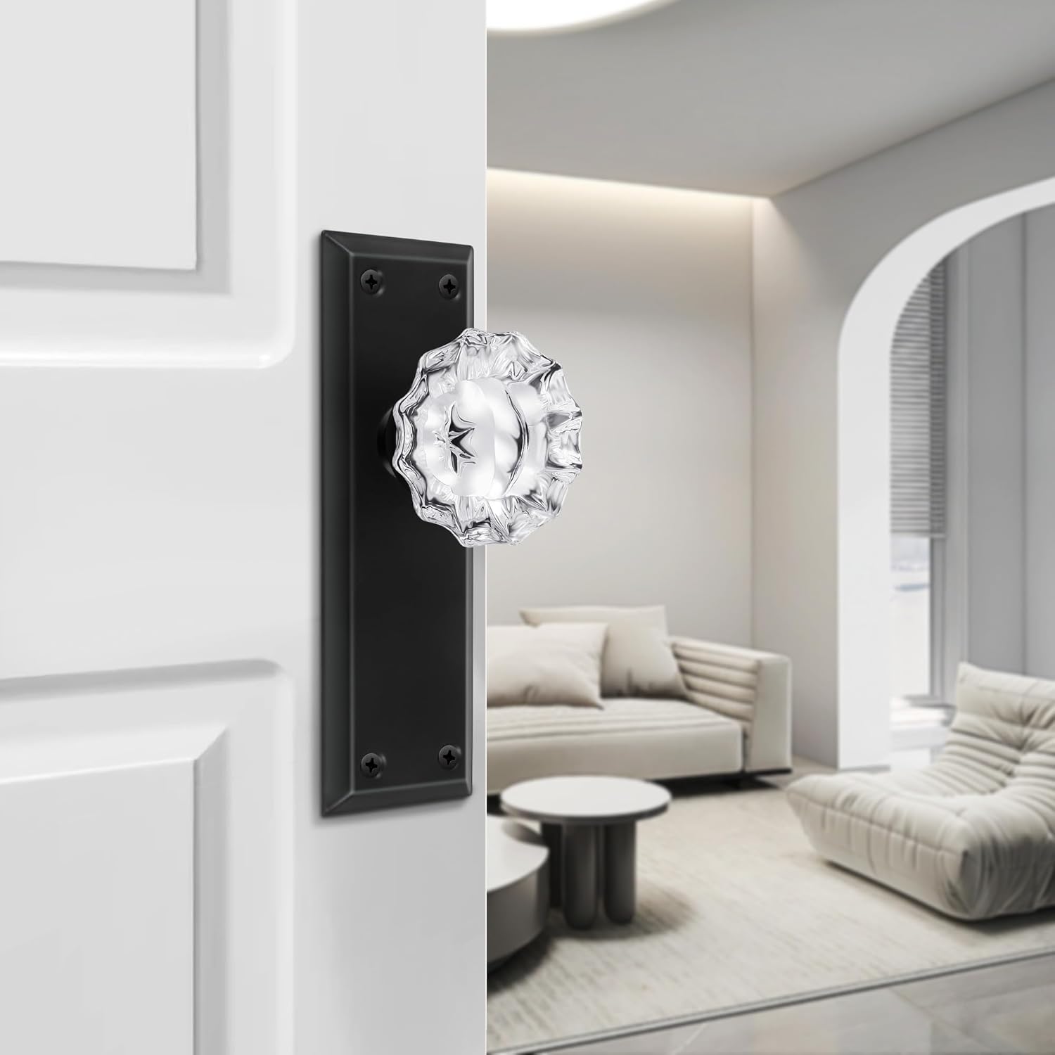2 Pack Matte Black Single Sided Crystal Dummy Door Knobs Interior, Vintage Glass Dummy Door Knobs with Long Plate