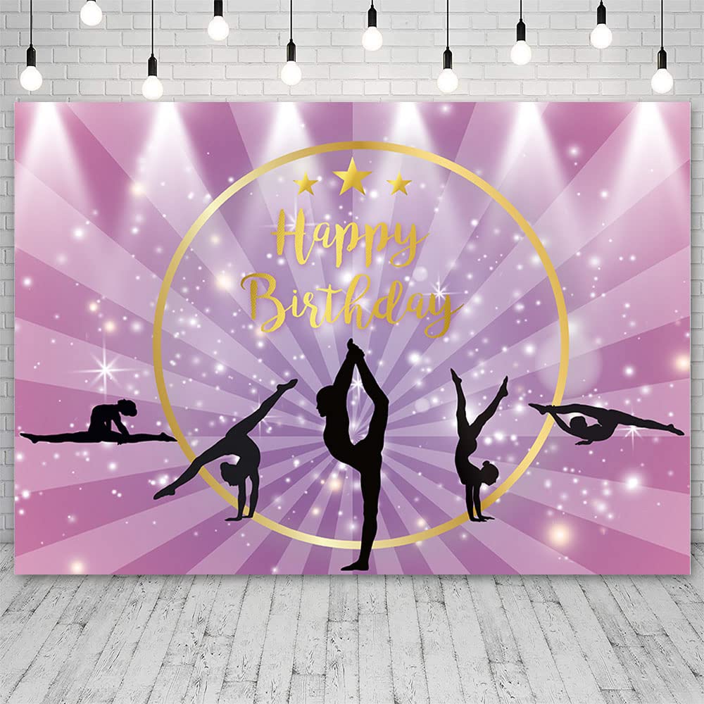 Sendy 7x5ft Gymnastics Backdrop for Little Girls White Purple Birthday Photography Background Gold Circle Birthday Party Decorations Banner Supplies