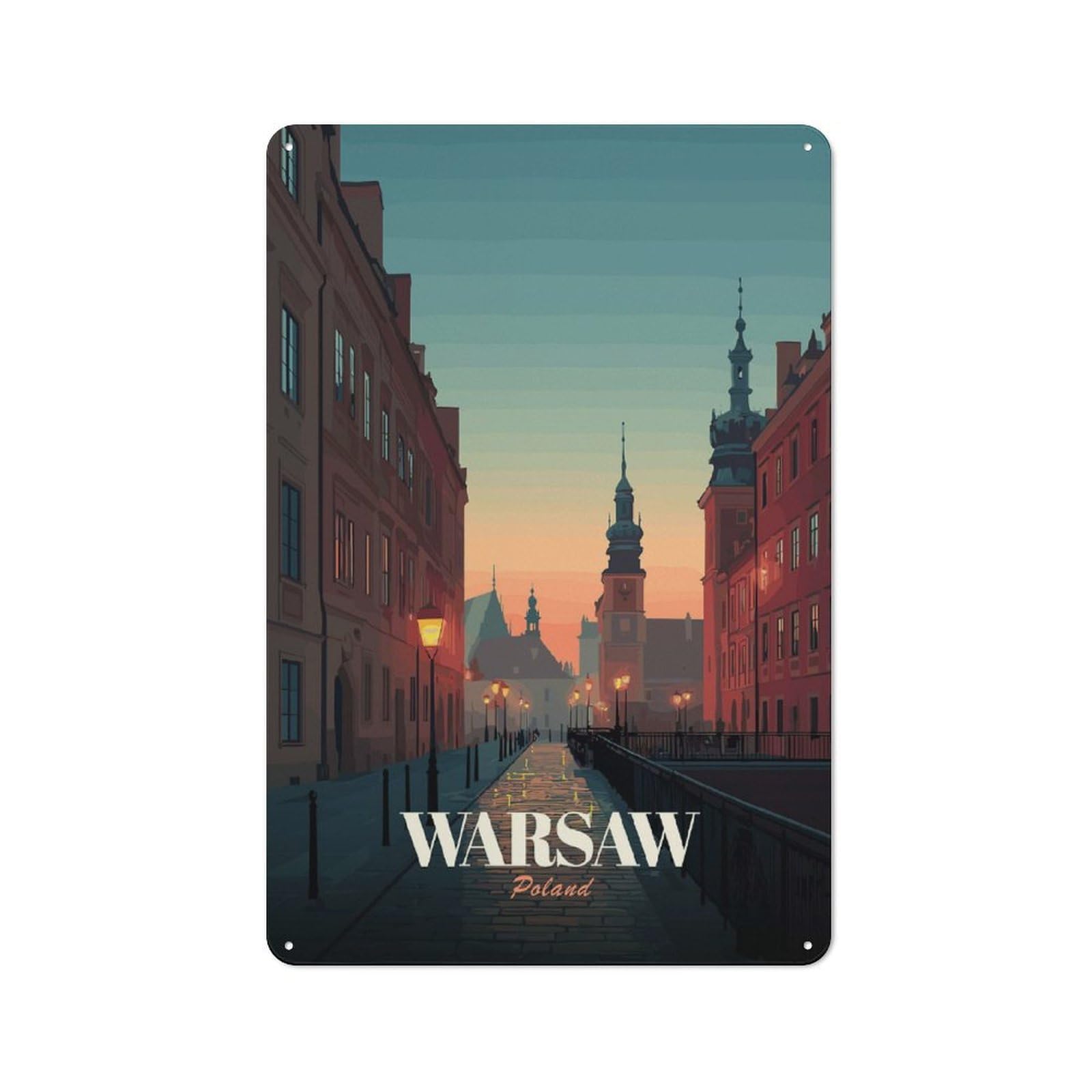 Warsaw, Poland Cityscape at Dusk Cafe Metal Sign 30x20cm, Vintage Restaurant Wall Art for Tea Room, Shop Wall Or Breakfast Area