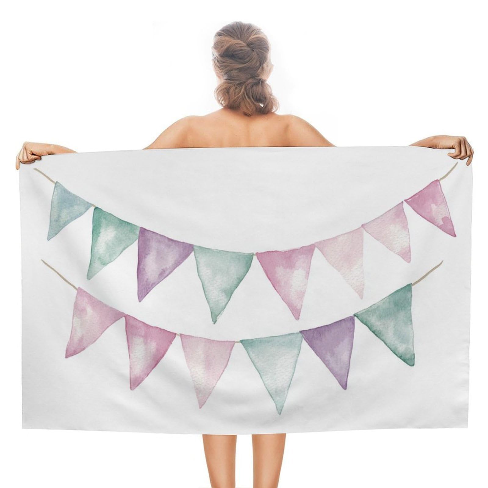 LSRCPD Watercolor Bunting Flag Romantic Sage Green Pink Purple Beach Towel Sand Free Microfiber Large Shower Towels Multipurpose Absorbent for Bathroom Pool 130x80 CM