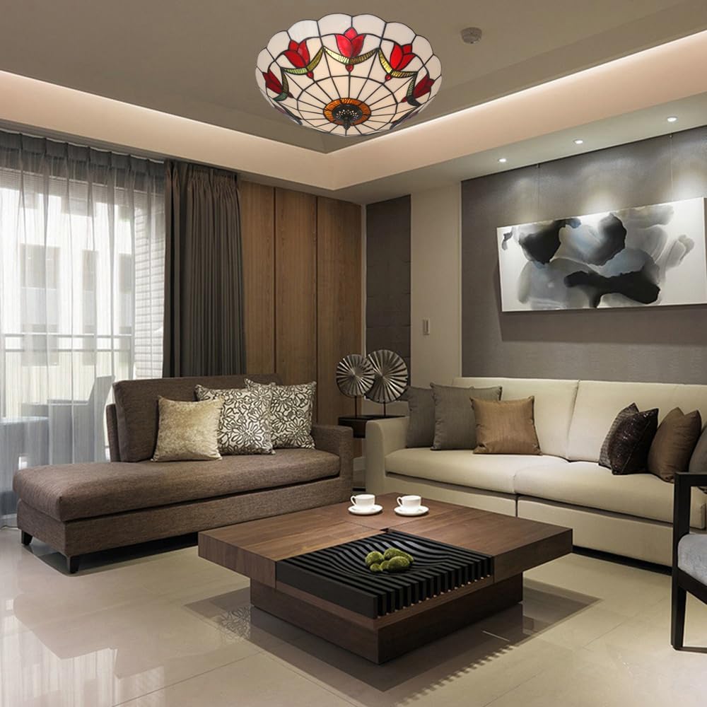 16 Inch Tiffany Style Stained Glass Ceiling Light Flush Mount Ceiling Light Vintage Chandeliers Pendent Light Fixtures (16 Inch Red)