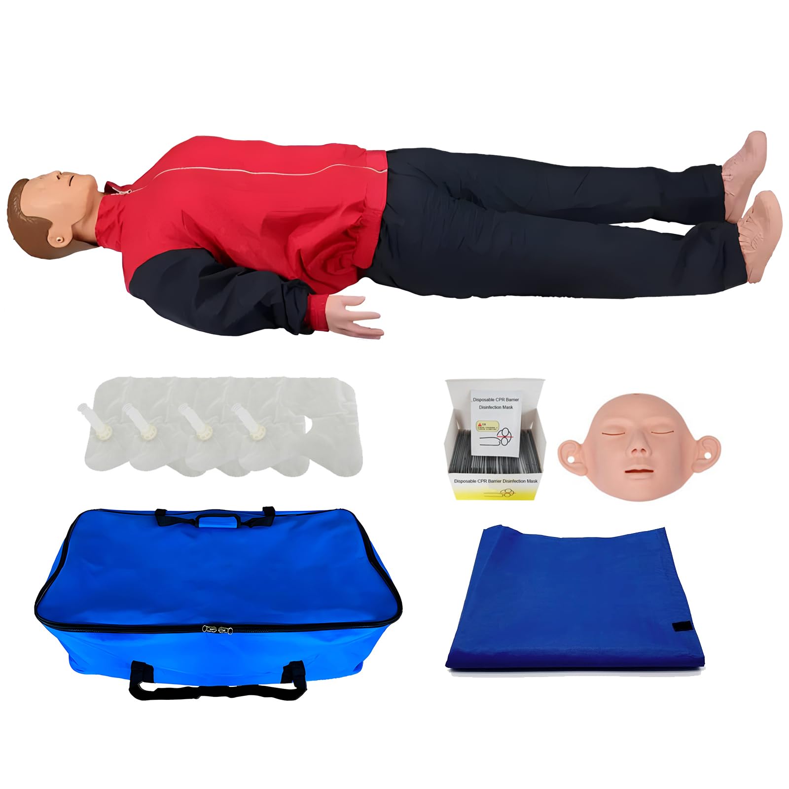DRXRD Mannequin de Formation en RCR Tout Corps Mannequin Secourisme avec Masque Facial Remplaçable & 4 Sacs Pulmonaires Remplaçables & Tapis & Sac de Transport pour Entraîner et Améliorer Compétences