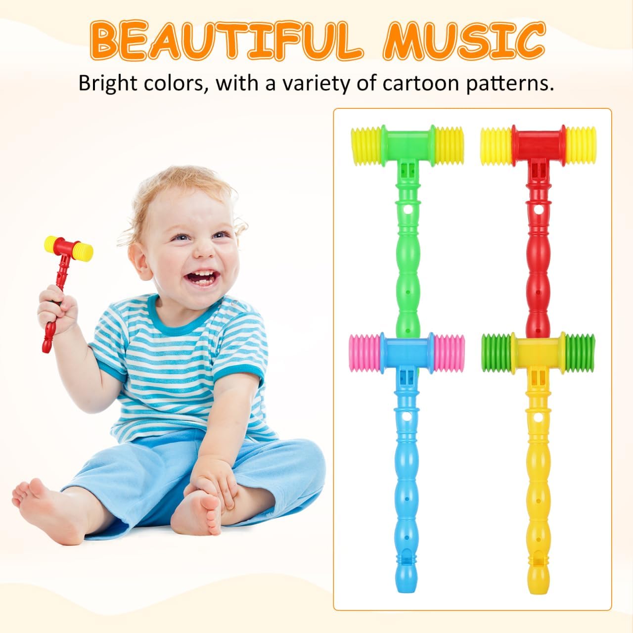 NUOBESTY 8Pcs Squeaky Hammer Toy for 1 Year Old Boy, Baby Pounding Toys Plastic Gavel Mallet Whistle Noise Maker for Birthday Party Favors, Carnival Game, Easter Basket Stuffer (Random Color)
