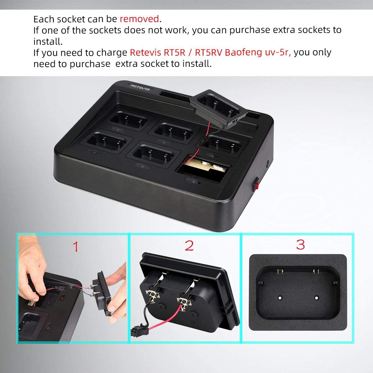 Retevis RT29 Chargeur Six Emplacements, Pratique Chargeur Multiple Compatible avec Ailunce HD1/HD2 DMR Radio RT29D RT29S Walkie Talkie Longue Portée Pratique et Efficace (1 Pcs)