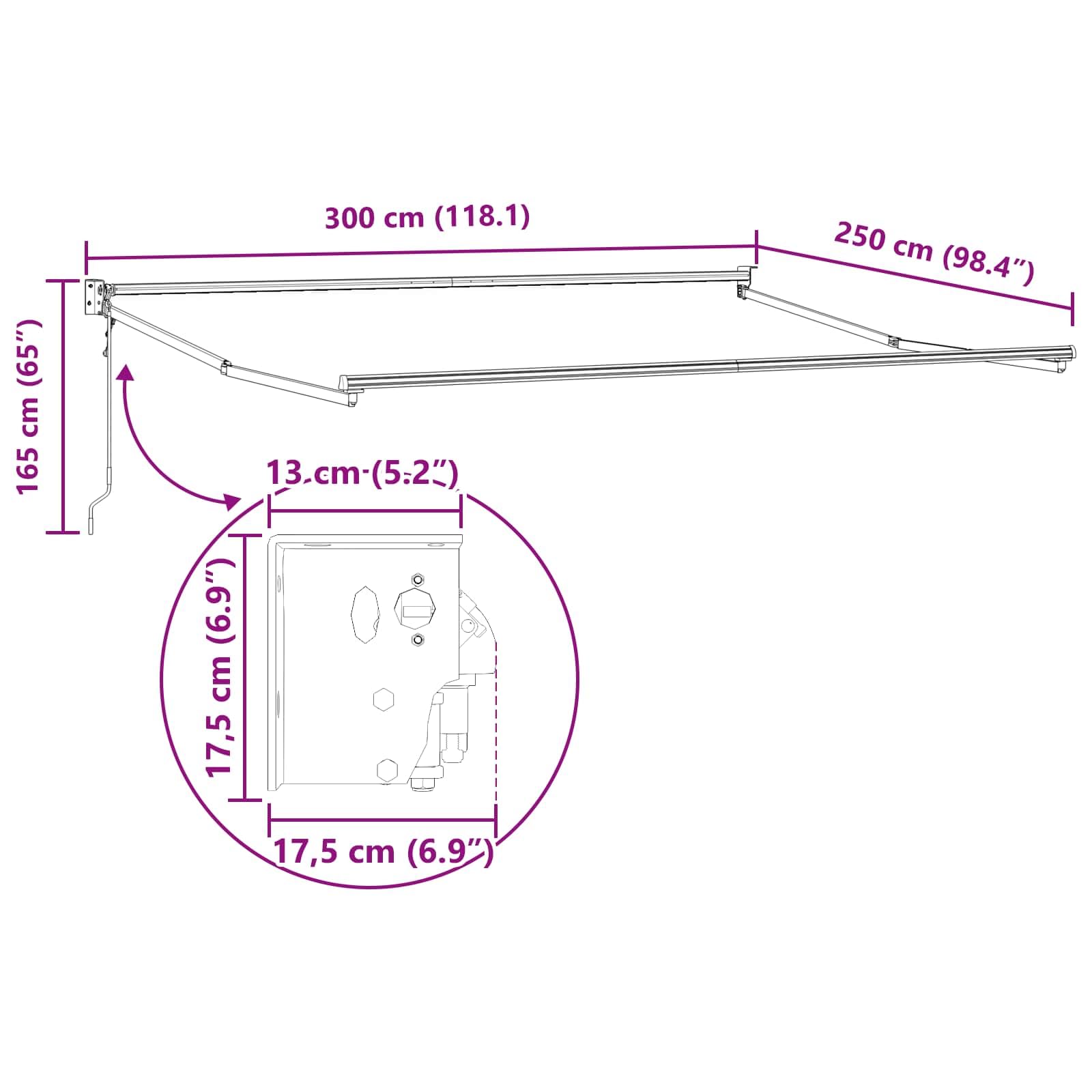 Wysuwana czarna markiza 300 x 250 cm, ochrona przed słońcem, do ogrodu, na taras, balkon, odporna na działanie warunków atmosferycznych, z korbą i montażem na ścianie, odporna na działanie