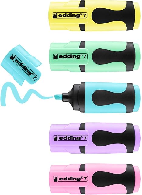 edding 7 mini highlighter - pastel colours - 5 highlighter pens - chisel nib 1-3 mm - small highlighter in trendy colours - for bullet journals, school, college, university or the office
