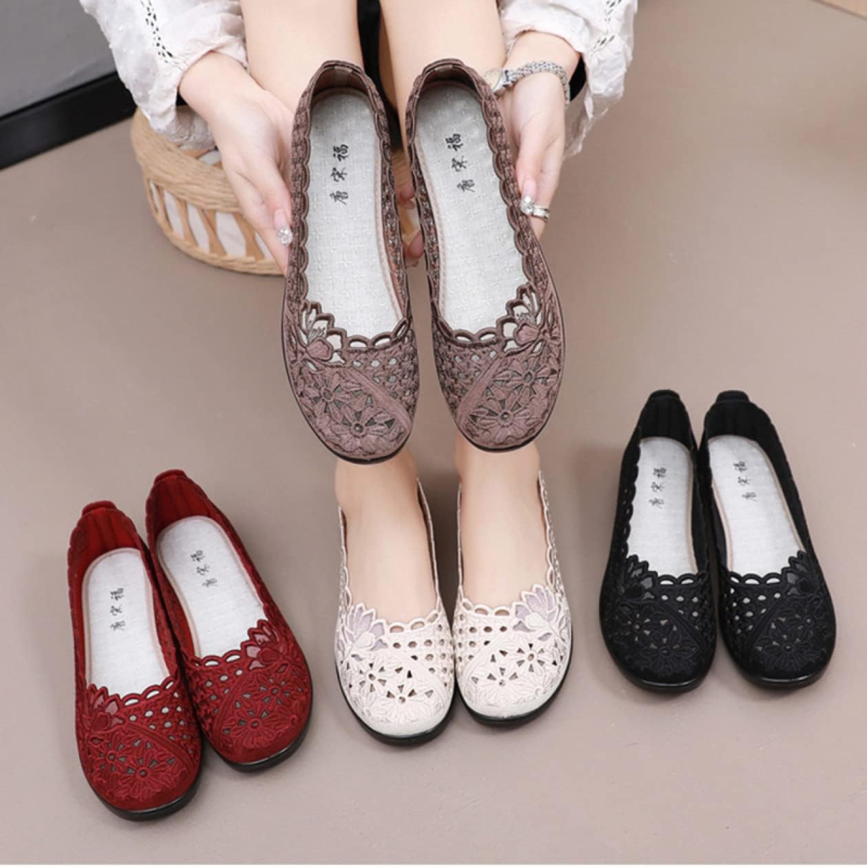 [AYBTO] ぺたんこ パンプス ママ メッシュ フラットシューズ 夏 通気 ラウンドトゥ 編み込み サンダル ローヒール 走れる