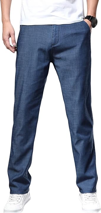 DGKaxiyaHM Men Business Casual Straight Leg Denim Pants Relaxed Fit Breathable Retro Jeans Wash Iron-Free Carpenter Trousers