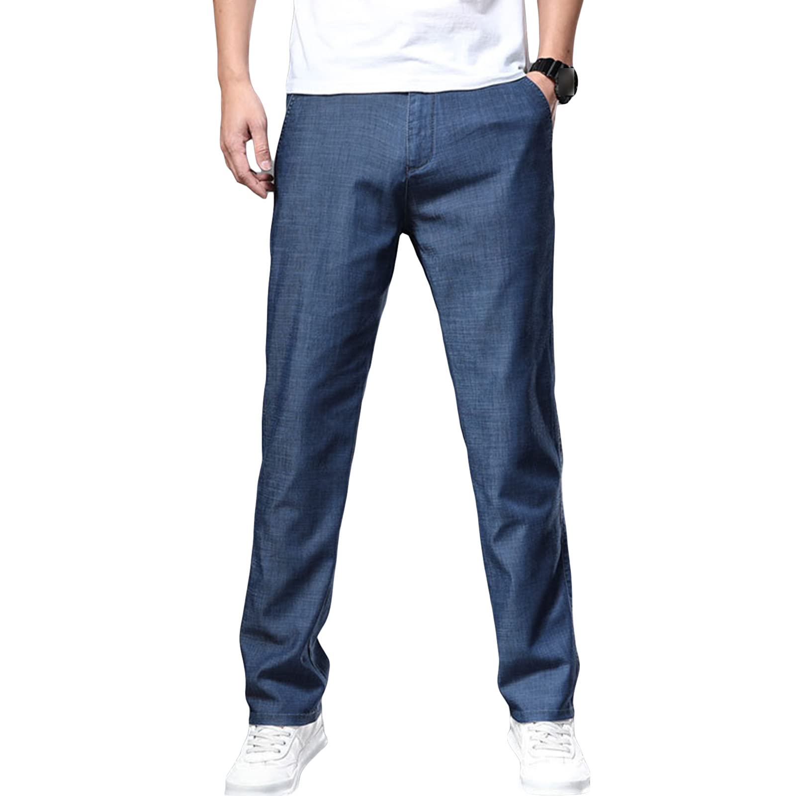 Maiyifu-GJ Men's Straight Fit Stretch Jeans Lightweight Soft Comfort Denim Jeans Solid Color Casual Straight Leg Jean Pants (Dark Blue,36)