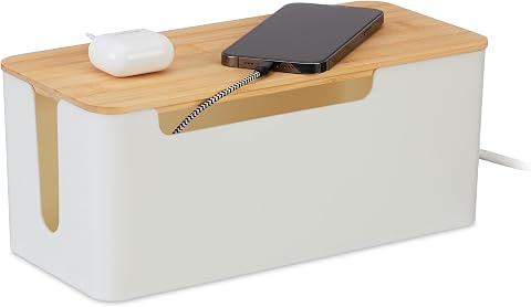 Relaxdays Scatola Porta Cavida Scrivania, Nascondicavi e 2 Prese, Cable Box 13x31x14cm, Coperchio Bambù, Naturale Bianco