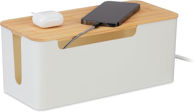 Relaxdays Scatola Porta Cavida Scrivania, Nascondicavi e 2 Prese, Cable Box 13x31x14cm, Coperchio Bambù, Naturale Bianco
