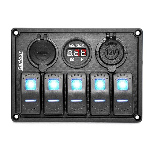 Panel de interruptor de barco de 5 cuadrillas, panel de goma impermeable, doble 3.1 A, USB de 12 V, ranura para luz LED, voltímetro, panel de