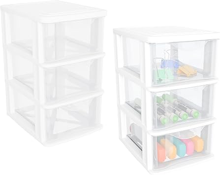 Gonice Small 3 Drawer Desktop Organizer, 2 Pack White Plastic Storage, Desktop Organization for Small Tools