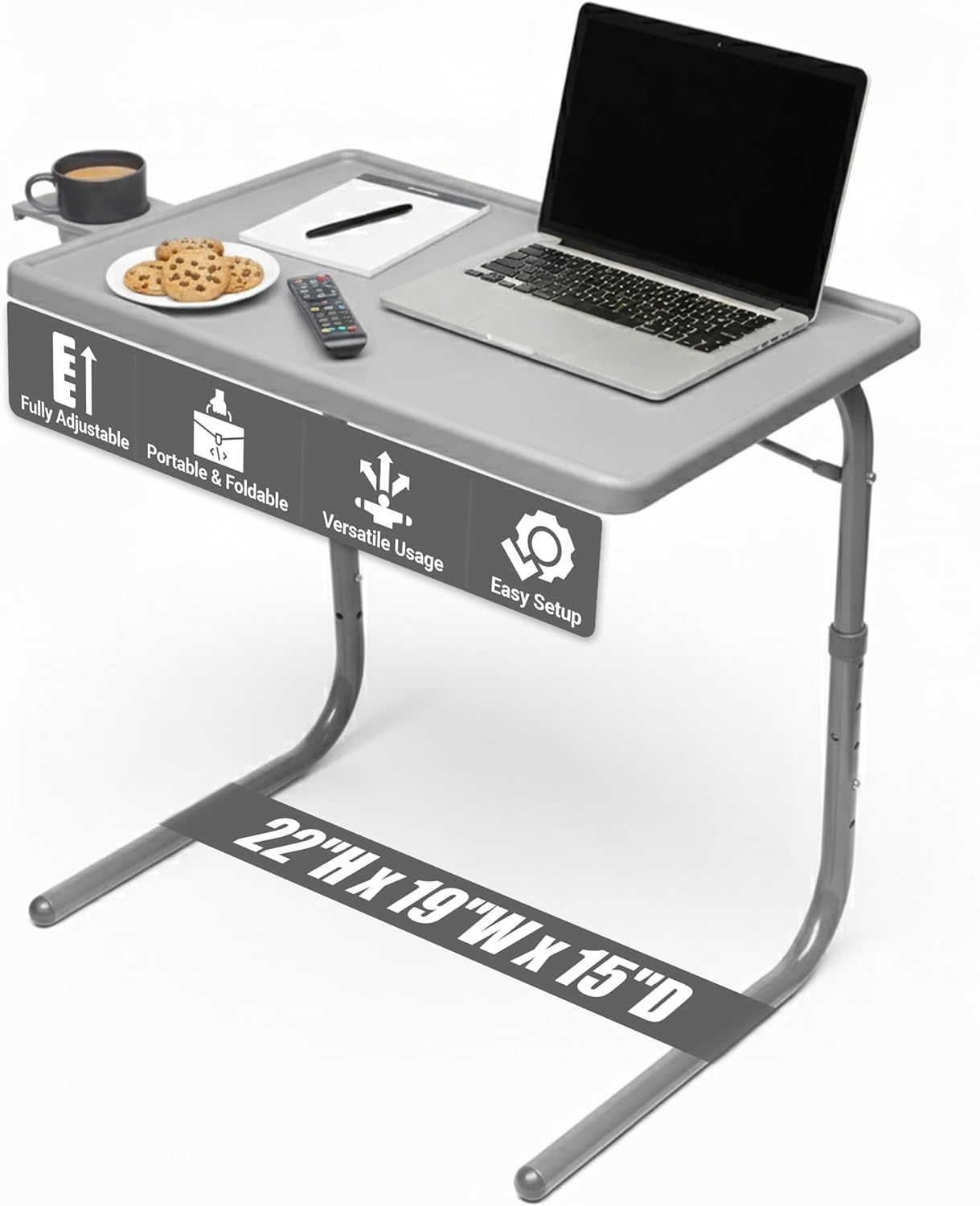 Table-Mate TV Tray Table | Portable Desk Folding Dinner Tray, Couch Table Trays for Eating Snack Food, Portable Laptop Desk, Bed Trays for Eating | Adjustable TV Trays with 3 Angles and Cup Holder 15"D x 21"W x 29"H Silver
