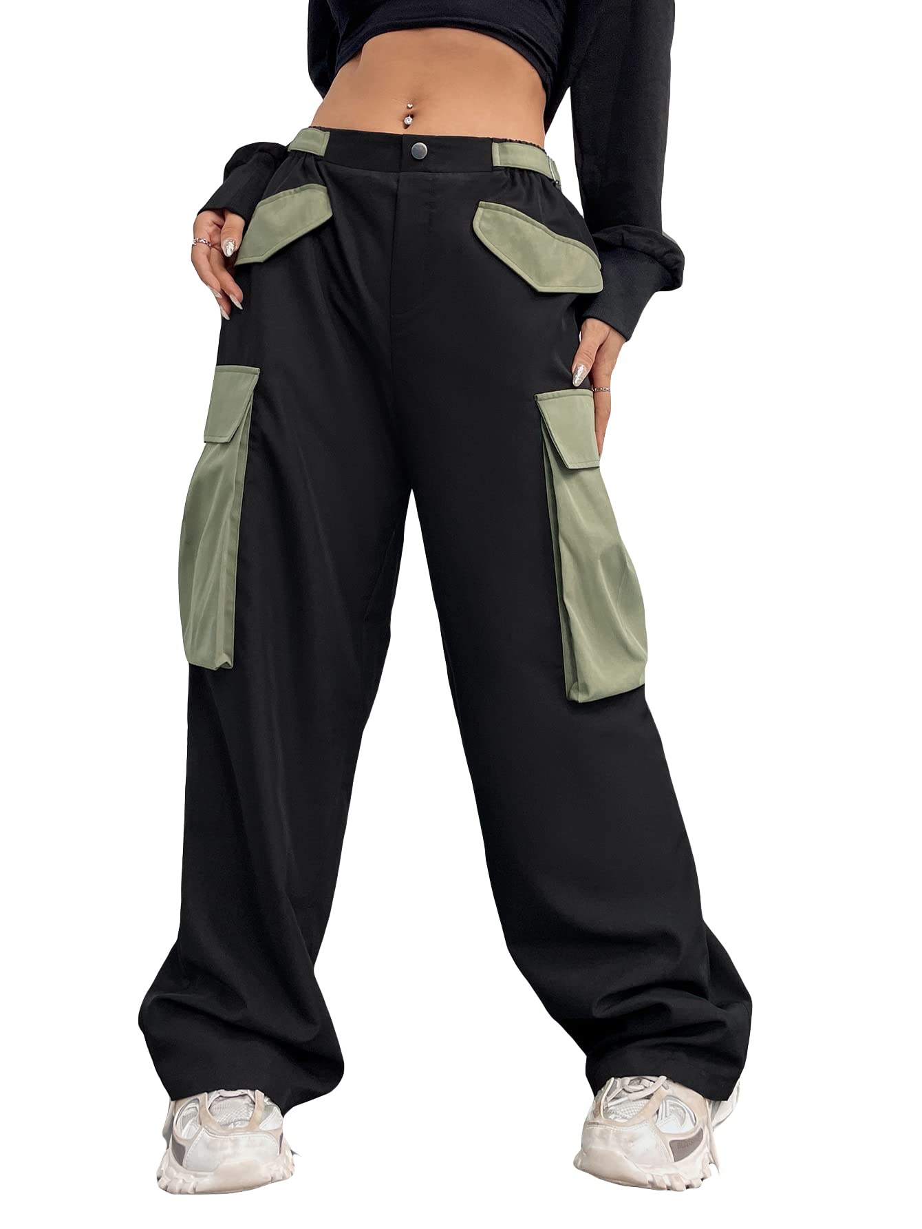 WDIRARA Womens Colorblock Drop Waist Button Streetwear Cargo Pants with Pockets