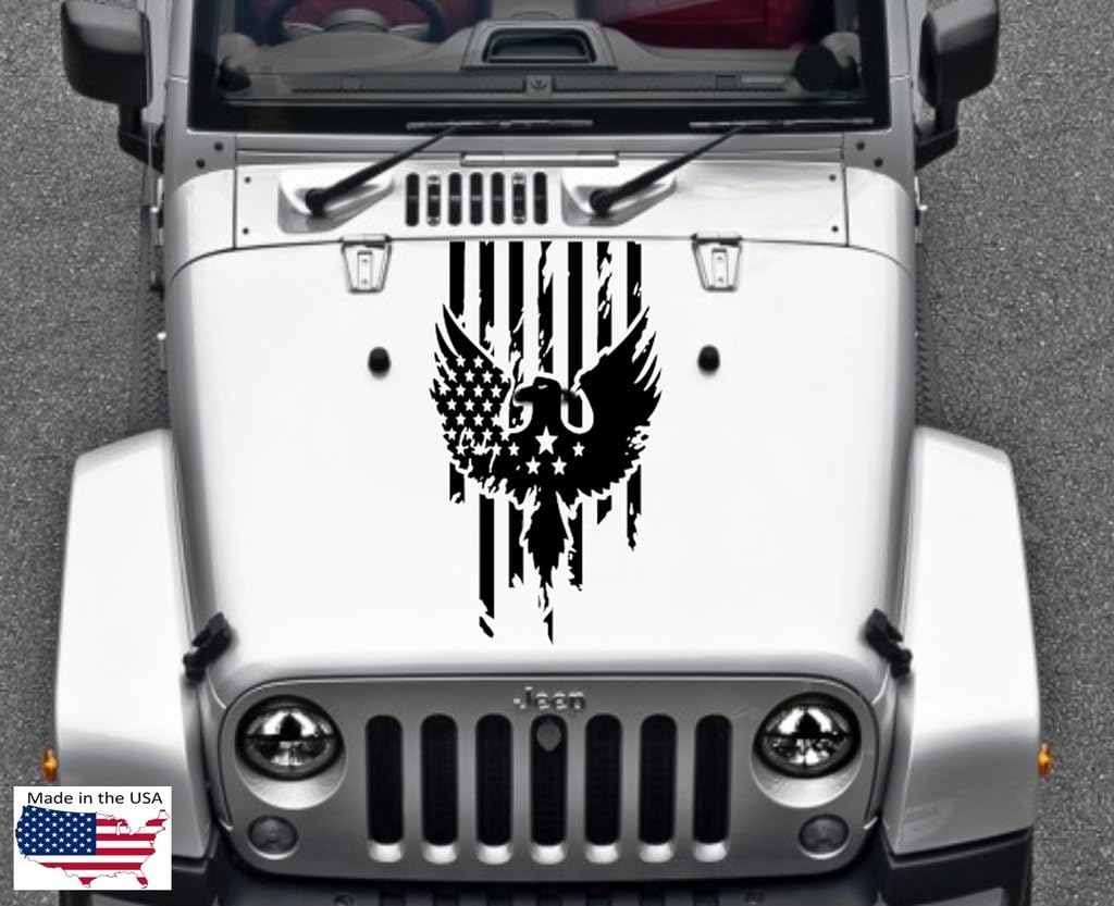 Clausen's World Eagle USA Flag Hood Vinyl Decal Racing Stripes 21x37 Inches, Fits Wrangler, Silver Grey Metallic