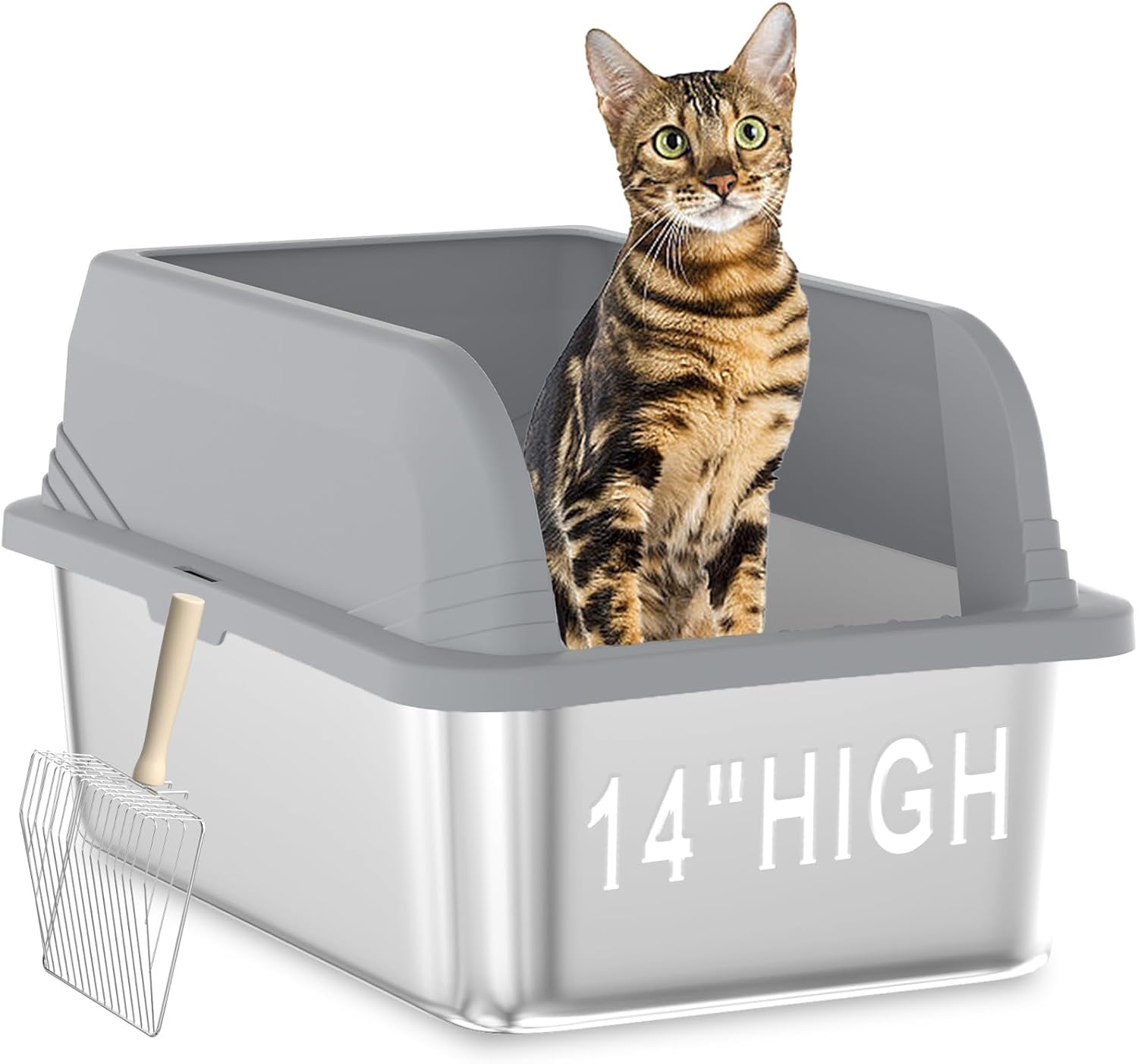 Stainless Steel Cat Litter Box, XL Extra Large Cat Litter Box with Lid, Cat Litter Box High Sided, Non-Leaking, Easy to Clean, Enclosed Metal Cat Litter Pan for Multiple Cats Grey 23.6"L x 15.7"W x 16"H