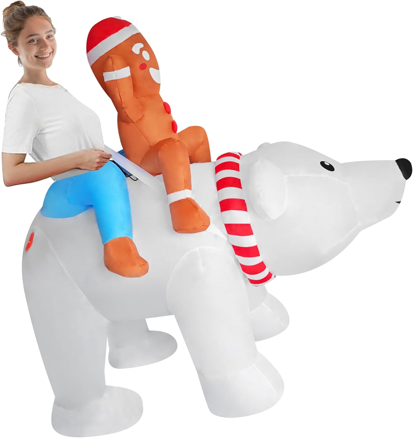 Funny Inflatable Gingerbread Man Riding On Polar Bear Costume Blow-Up Outfit for Adult/Christmas Parade/Halloween - Image 5