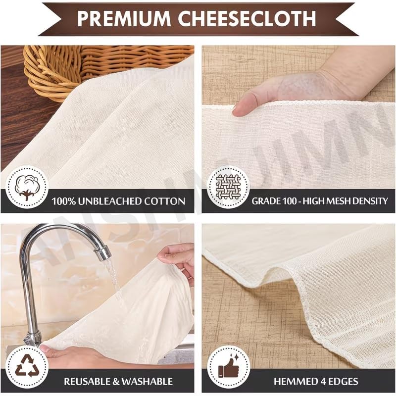 Image of Premium Cheesecloth (6 Pcs) - 100% Unbleached Cotton, Grade 100 Fine Mesh Strainer Cloth 20x20 Inch - Reusable Muslin Cloth for Paneer, Cheese (Pack of 12)