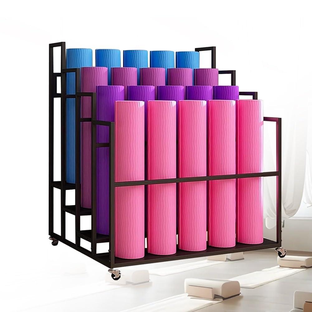 Soporte para Esterilla de Yoga, Carrito con Ruedas para almacenar esterillas de Yoga - Organizador de Rodillos de Espuma de Gran Capacidad, Carrito Resistente de 4 Niveles para Estudio de yo