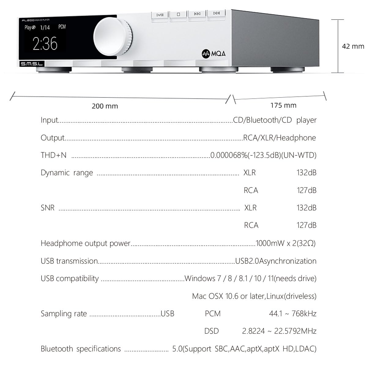 S.M.S.L PL200 Vibrationsfester kompakter MQA-CD Multifunktionsspieler USB DAC Multi-Eingang | USB/Bluetooth/CD | Multi-Ausgang | RCA/XLR/Kopfhörer gehärtetes Glas Display voll funktionsfähig