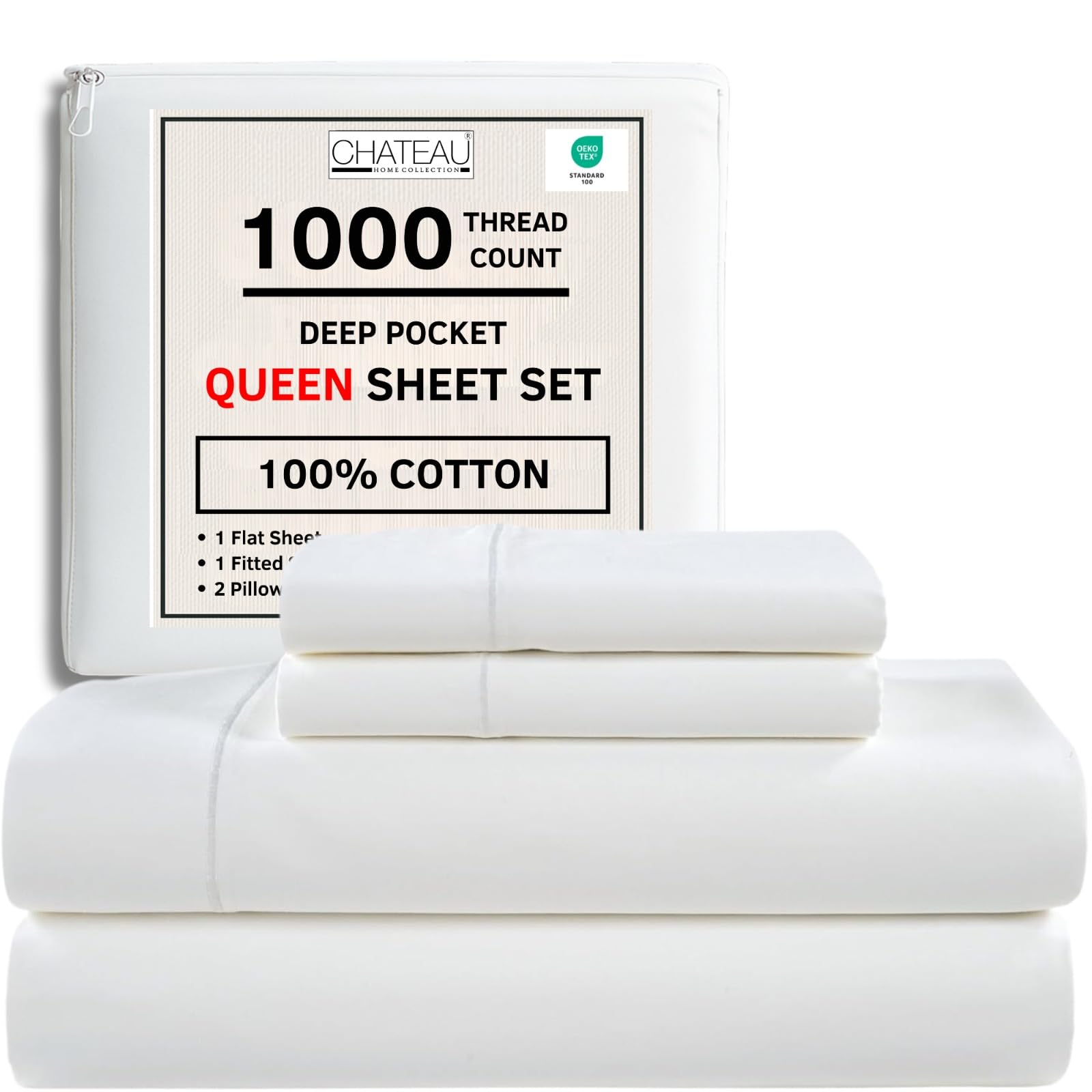 CHATEAU HOME COLLECTION 100% Cotton Sheets Queen Size Set - Certified 1000 Thread Count Breathable Soft & Comfy Sateen Weave, Machine Washable, 15"
