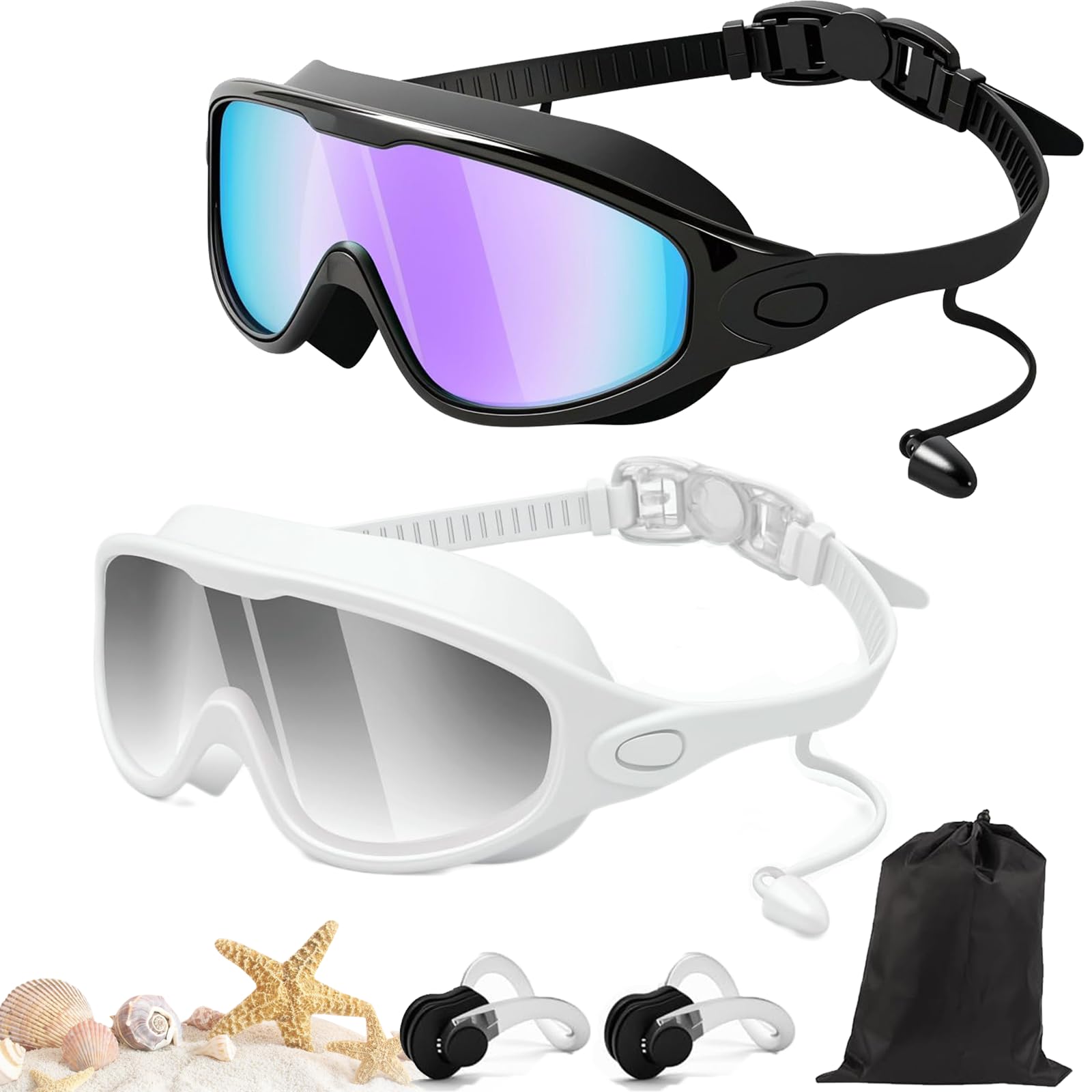 Qosneoun Splashy Eyes Goggles, Goggles with Ear Plugs, No Leaking Swim Glasses for Adult, Kids, HD Large Frame Waterproof Anti-Fog Swimming Goggles (G,Adults)