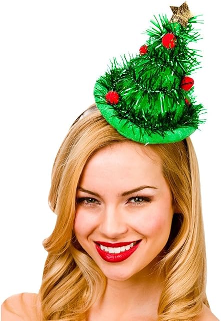 Adults Green Tinsel Christmas Tree Hat On Headband Xmas Fancy Dress Accessoy New