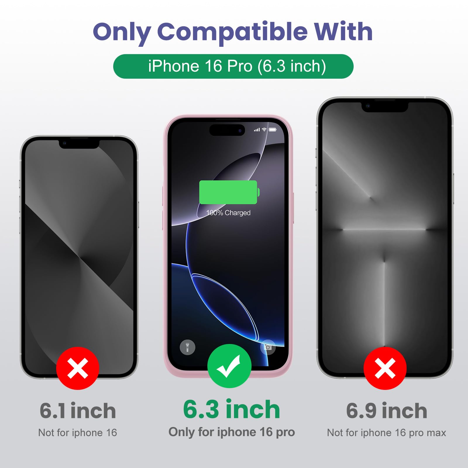 Feob Coque Batterie pour iPhone 16 Pro, 7500mAh Batterie Externe Rechargeable, Charge Rapide Chargeur Portable Boitier d’Extension avec Verre Trempé Batterie L'étui pour iPhone 16 Pro(6,3") (Rose)