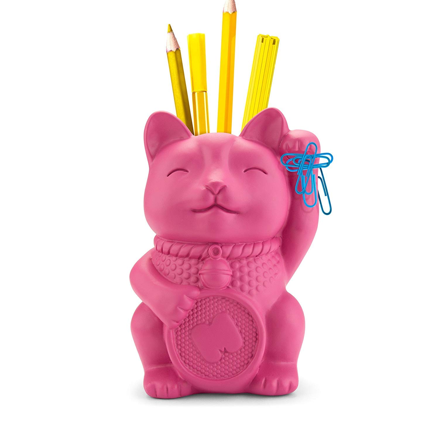 Mustard Lucky Cat Pen Pot Pink