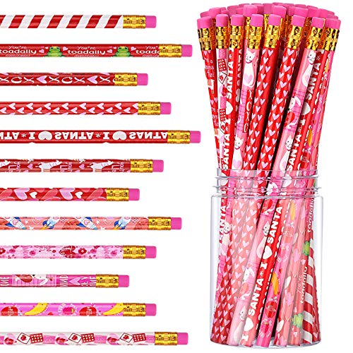 Outus 48 Pieces Valentine's Day Pencils with Eraser Colorful Wood Pencils Cartoon Valentine Pencils for Kids School Party Valentine's Day Home