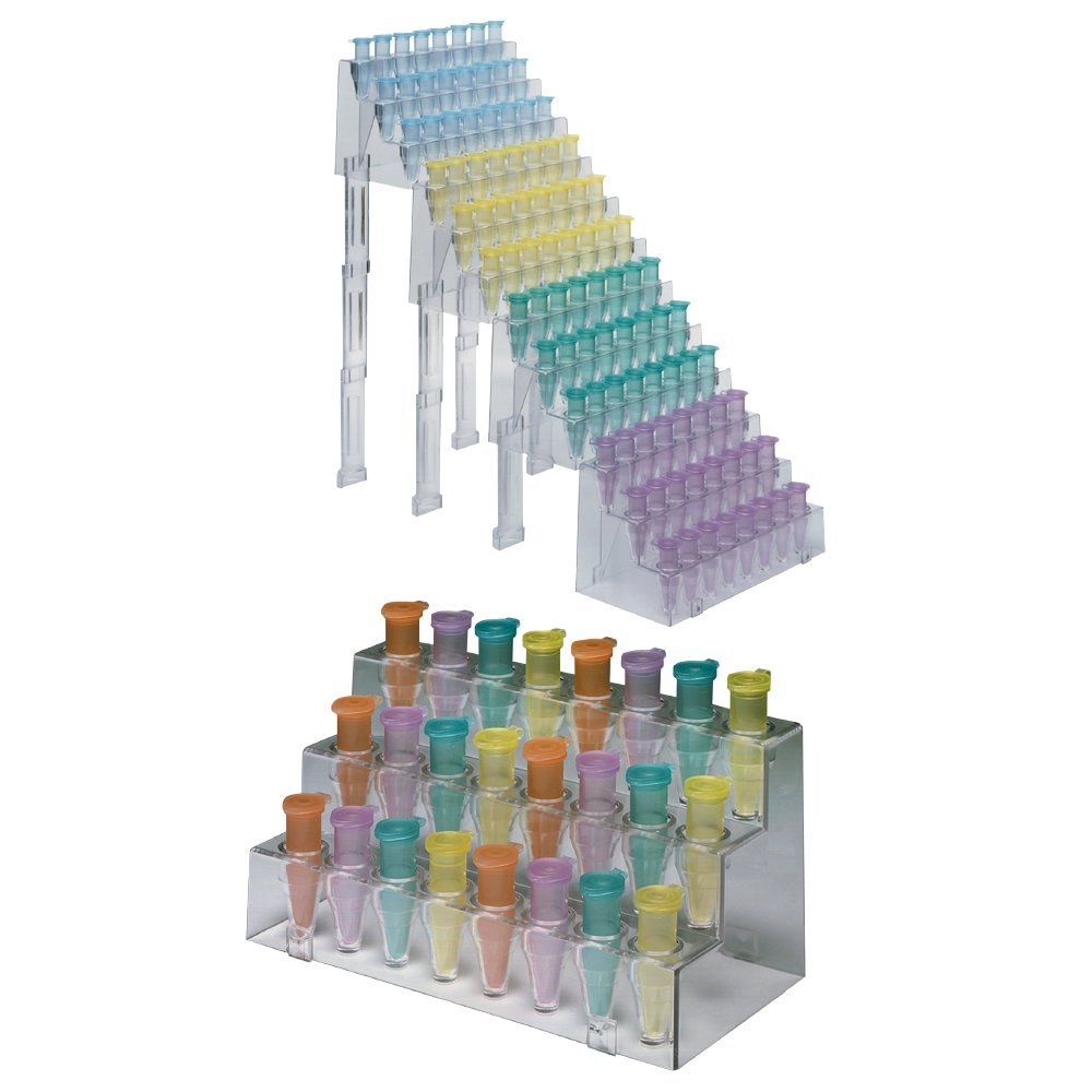 neoLab Polystyrol Reaktionsgefäß-Stufengestell Set, 4 Racks + 12 Stützklammern, Transparent, 300 mm Breite
