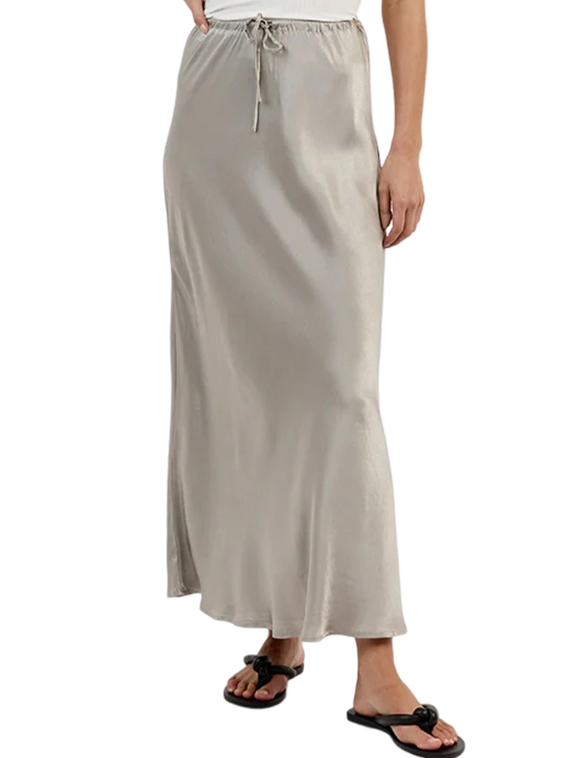 SAFRISIORWomen Drawstring High Waist Midi Skirt Satin Bias Cut Maxi Long Skirts Casual Solid Summer Going Out Skirts