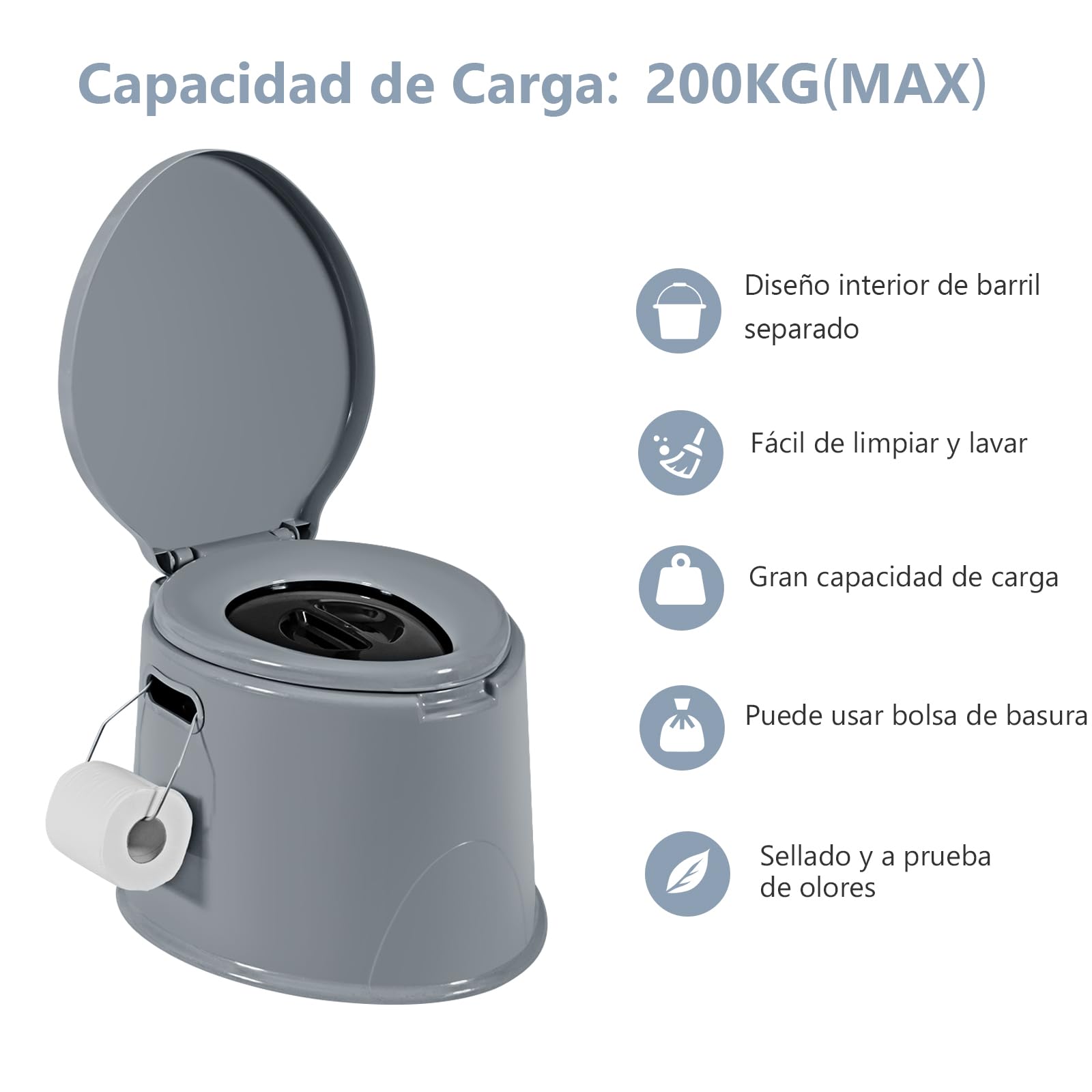 SOARS Inodoro Portátil con Tambor Interior Extraíble y Tapa, Carga 200KG(MAX), Inodoro Móvil de Camping con Soporte para Papel, 41 x 49 x 34 cm Vater Portatil para Senderismo Acampar Viajar