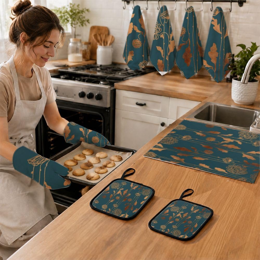 9PCS Golden Floral Wallpaper Cucina Decor e Accessori Set