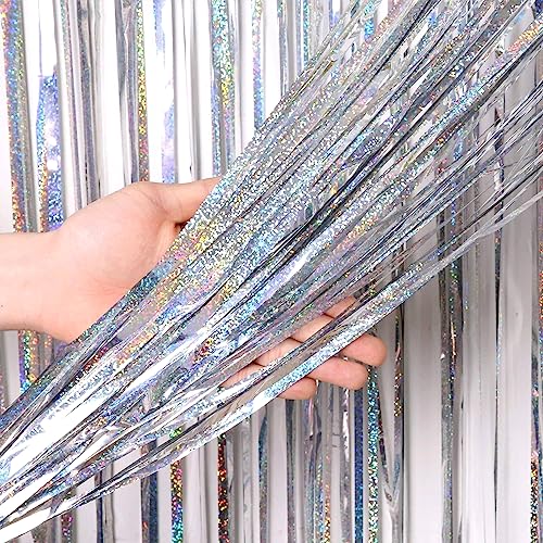 Image of 4 Pack Silver Fringe Backdrop 12.8x8.2 Ft Sparkle Metallic Tinsel Foil Fringe Curtain, Silver Tinsel Backdrop Curtain Door Streamers for Birthday Bachelorette Graduation Christmas Party Decorations