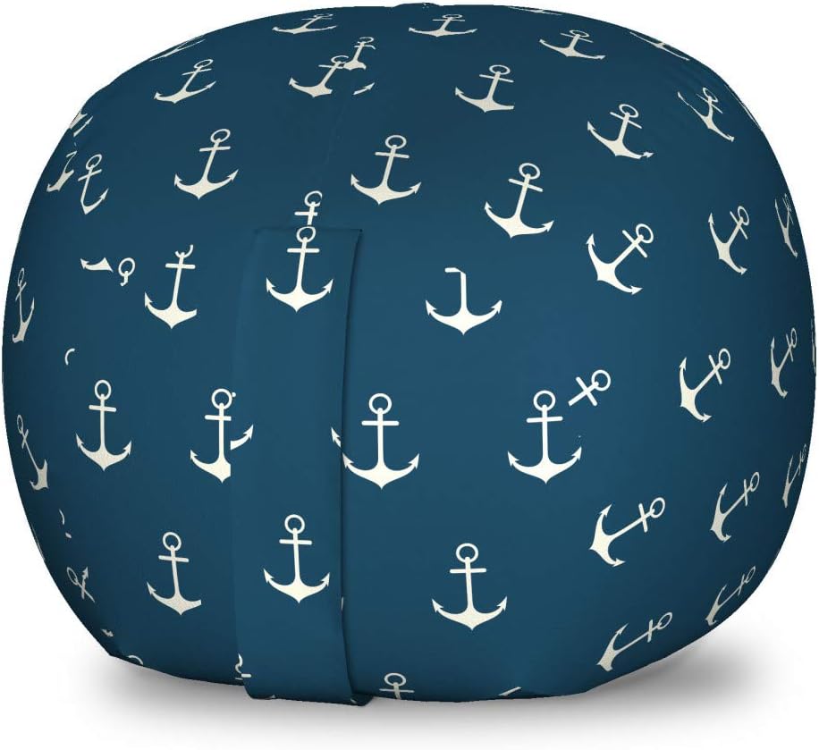 Ambesonne Anchor Storage Toy Bag Chair, Nautical Pattern Classic Colors and Anchors Simplistic Design Sailor Ship Print, Stuffed Animal Organizer Washable Bag, Small Size, White Blue