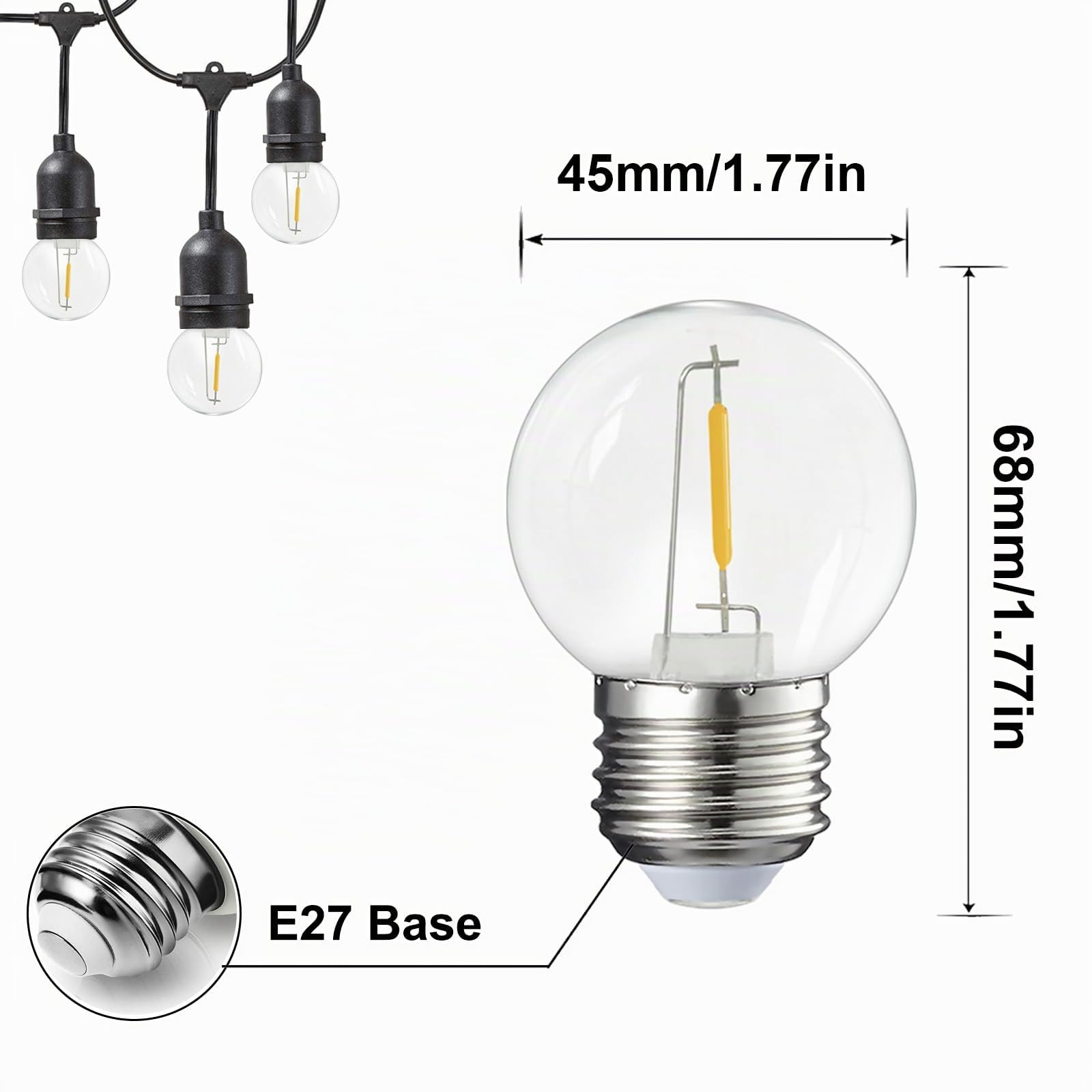 40 Stück E27 LED Warmweiss 1W für Lichterkette, Kunststoff Vintage Glühbirne G45 1W LED Filament Lampe Ersetzt 5 Watt Edison Glühbirne,2700K,AC220V