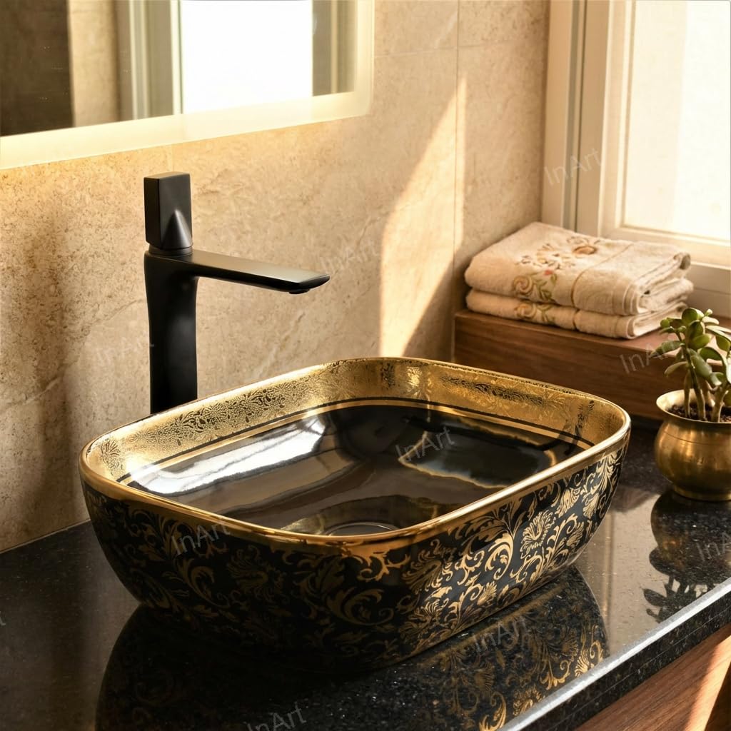 InArt Countertop Ceramic Glossy finish Wash Basin for Bathroom (Black and Gold) 2