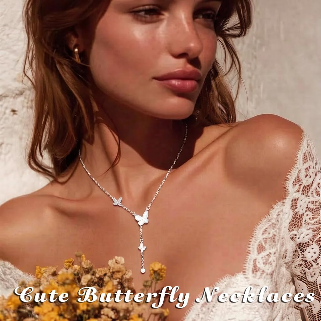 Tgirls Dainty 925 Silver Necklaces for Women Cute Y Long Pendant Necklaces Butterfly Ball Drop Chain Minimalist Silver Choker Wedding Gifts