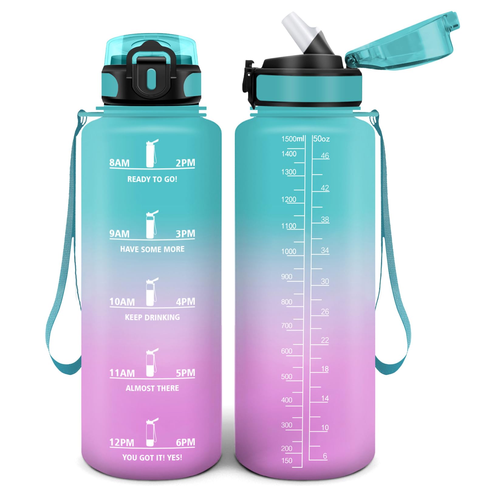 Motswedi Drinking Bottle 1500 ml, Leak-Proof, BPA-Free Water Bottle, Motivational with Time Marking, Drinking Bottle with Straw, Light Purple & Light Pink