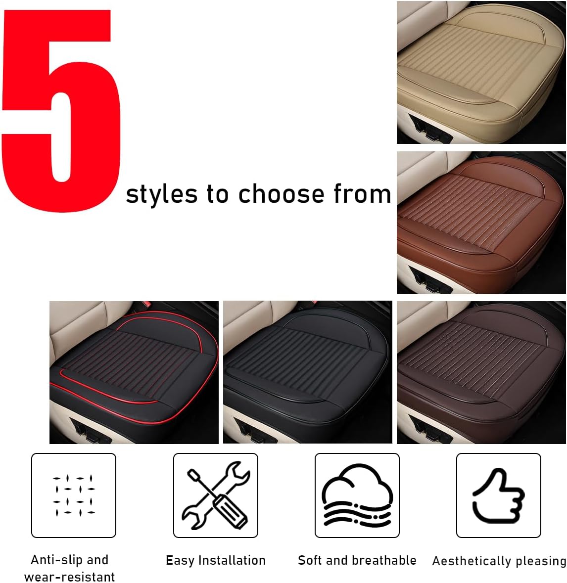 Ziciner Car Seat Bottom Cover Pad, 24.4"×21.7" Leather Vehicle Seat Protector Mat with Pocket, Auto Front Seat Button Cushion Pad, Universal Interior Decor Car Accessories (Beige)