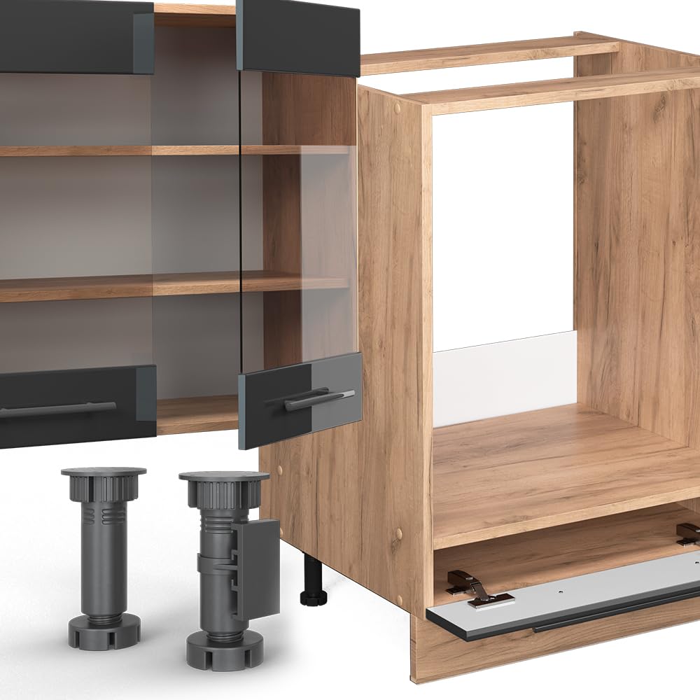 Vicco Cuisine Fame-Line, Anthracite Brillant/Chêne doré, 355cm, PT Chêne, adapté à Une Extension individuelle avec des modules supplémentaires